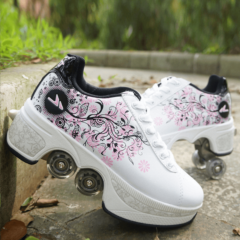 side view of white Kick Speed floral roller skate shoes for girls with pink floral print