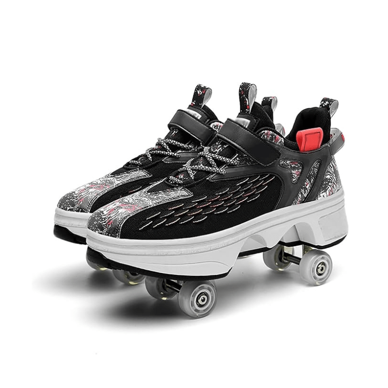 black and red Kick Speed Fly Wheels Roller Skate Shoes dual pair showing sporty design, breathable upper, and hidden retractable wheels