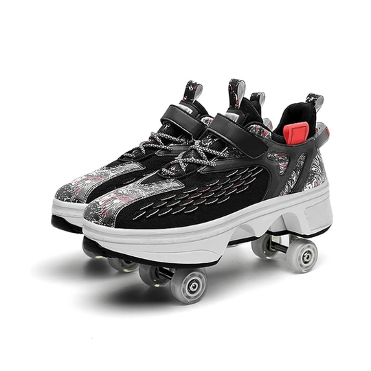 black and red Kick Speed Fly Wheels Roller Skate Shoes dual pair showing sporty design, breathable upper, and hidden retractable wheels