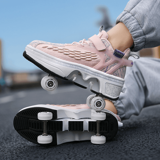 pink version of Kick Speed Fly Wheels Roller Skate Shoes, outdoor lifestyle shot, shoes with retractable wheels