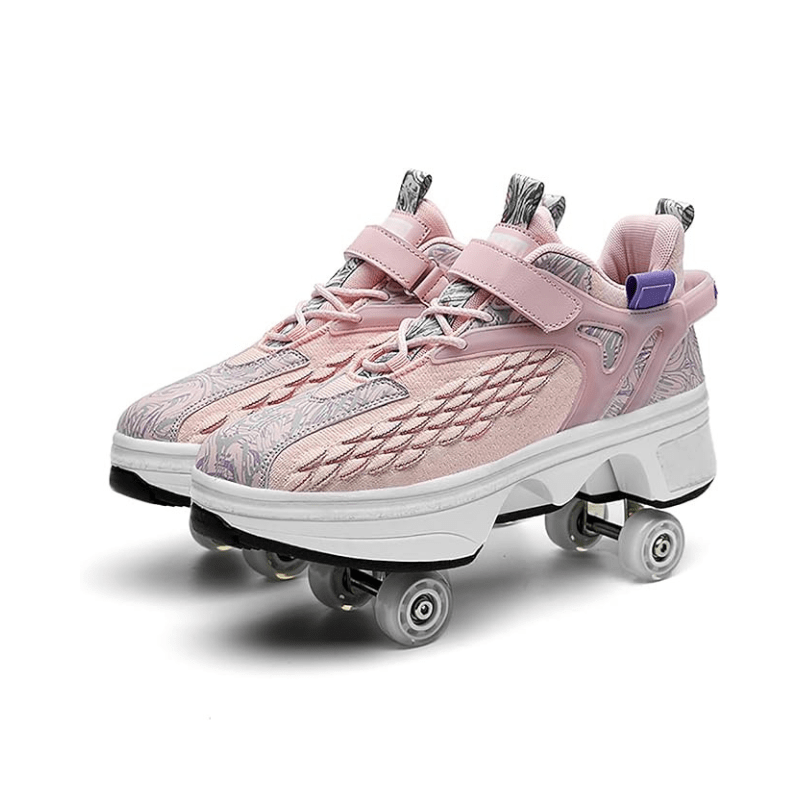 pink version of Kick Speed Fly Wheels Roller Skate Shoes displayed on white background showing elegant design and pop out wheels