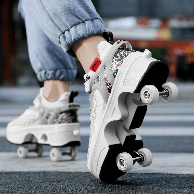 rear low-angle shot of white Kick Speed Fly Wheels Roller Skate Shoes highlighting pop out wheels