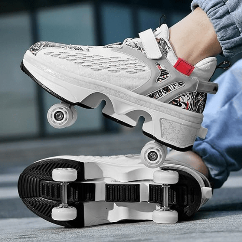 side view of white Kick Speed Fly Wheels Roller Skate Shoes LOW with wheels extended