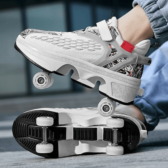 side view of white Kick Speed Fly Wheels Roller Skate Shoes LOW with wheels extended
