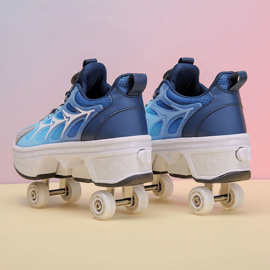 back view, pair of navy blue roller shoes for adults with four-wheel base on pastel background