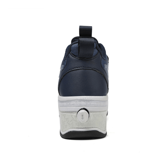 back view of navy blue roller skate shoes with wheels for adults showing locking mechanism