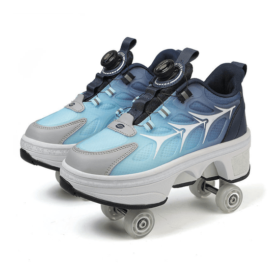Kick Speed Galaxy Twist Lock LOW roller skate shoes in gradient blue with retractable wheels on white background

