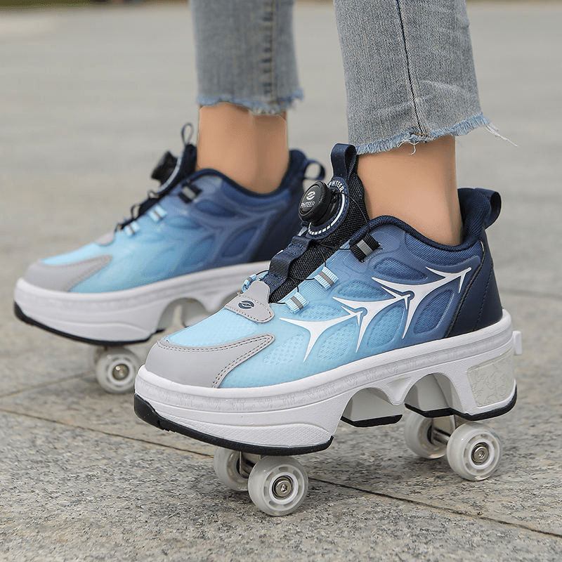 angled side view of Kick Speed roller skate shoes in blue showing retractable wheel assembly