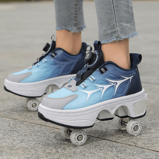 angled side view of Kick Speed roller skate shoes in blue showing retractable wheel assembly