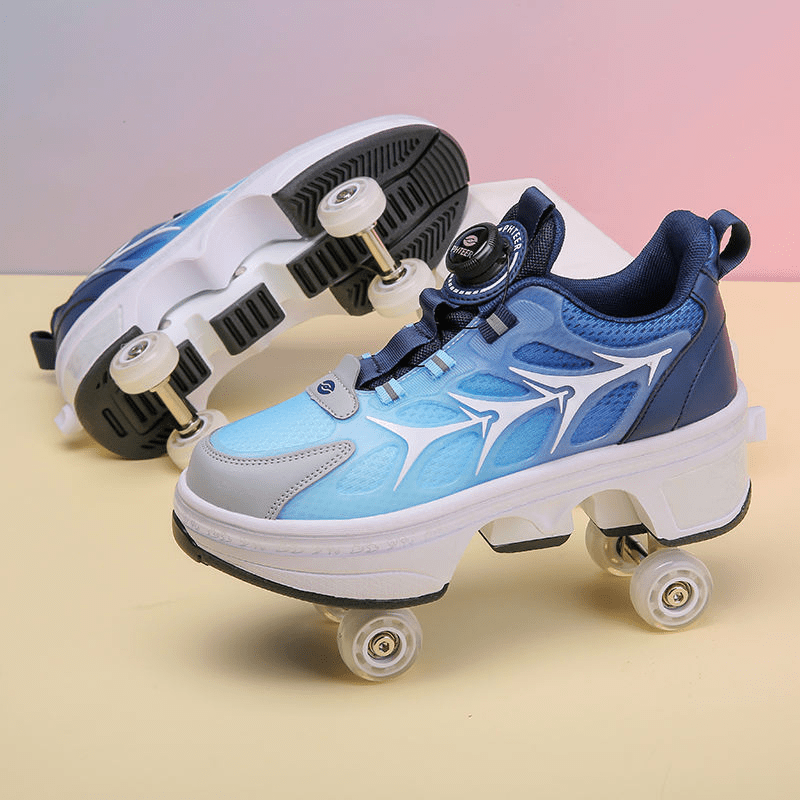 Kick Speed Galaxy Twist Lock LOW roller skate shoes in blue showing retractable wheels and grip sole