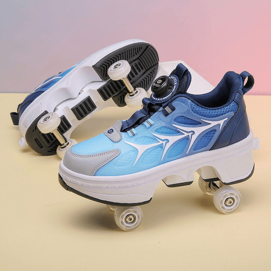 Kick Speed Galaxy Twist Lock LOW roller skate shoes in blue showing retractable wheels and grip sole