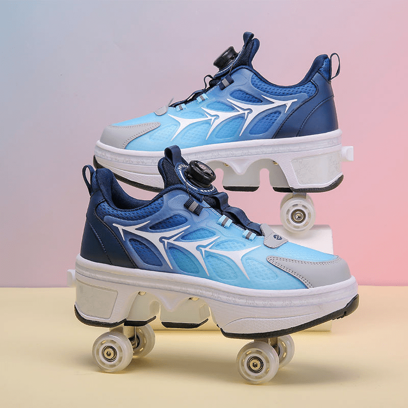 pair of blue and navy Kick Speed roller shoes for kids and adults photographed on pastel background