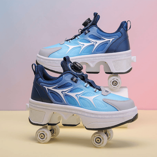 pair of blue and navy Kick Speed roller shoes for kids and adults photographed on pastel background