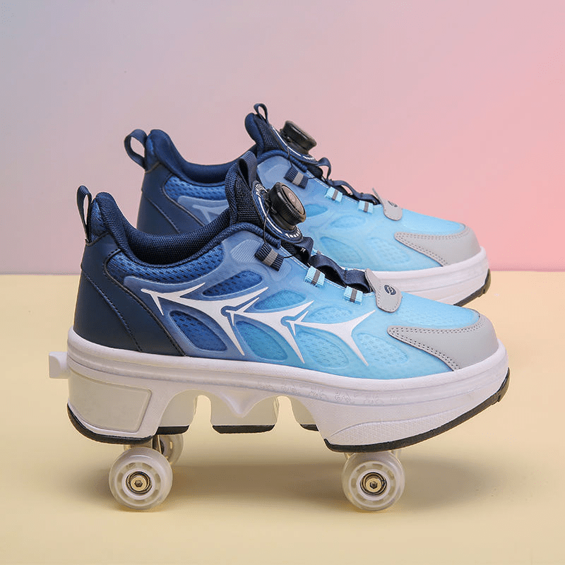 Kick Speed roller skate shoes in blue gradient tone with retractable wheel base, pastel background