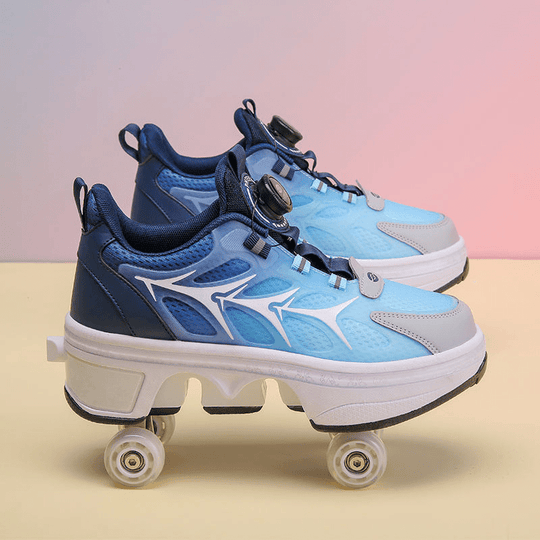 Kick Speed roller skate shoes in blue gradient tone with retractable wheel base, pastel background