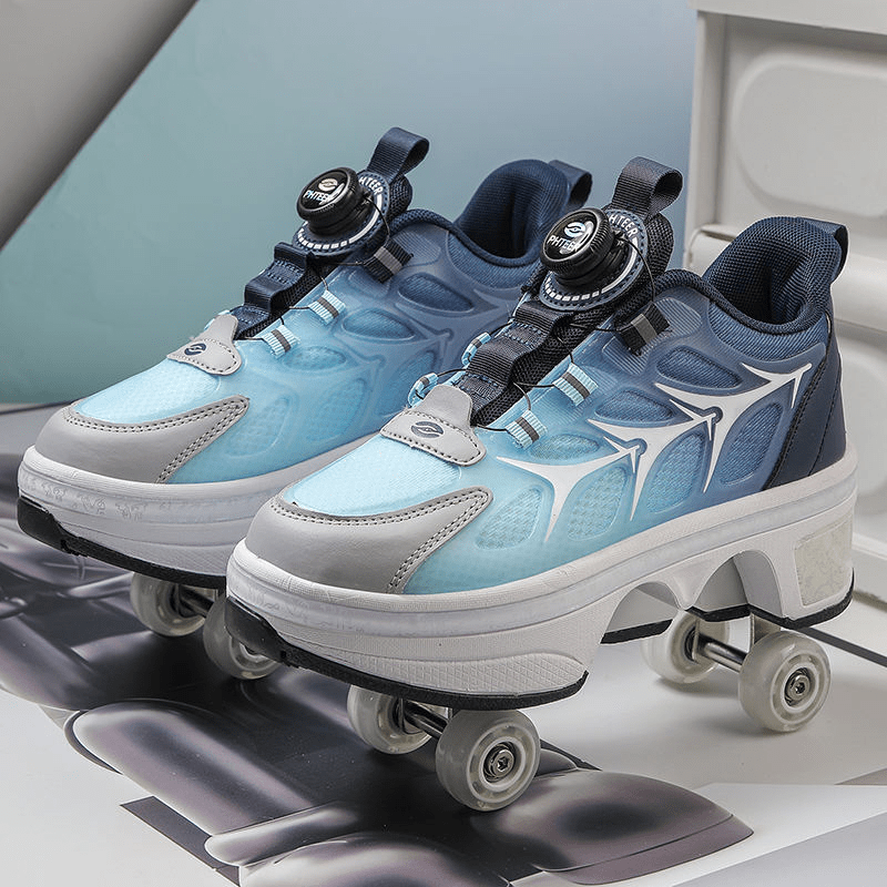close-up of blue low-top roller shoes for adults with Twist Lock mechanism and pop-up wheels