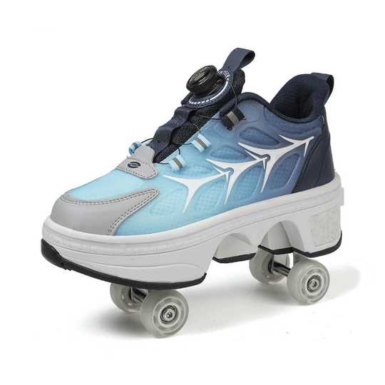 side angle of blue and gray roller shoes for adults showing Twist Lock adjustment system, quad shoe skates with pop out wheels