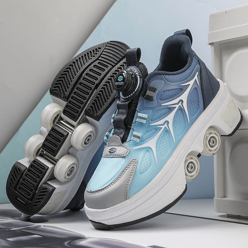 Kick Speed shoes with wheels for adults displayed on modern setup