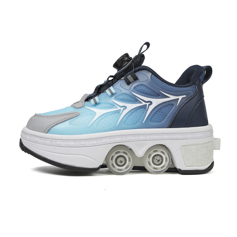 Kick Speed Galaxy LOW skates that turn into shoes in blue gradient with retractable wheel base