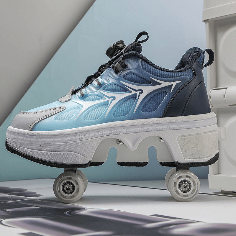 side view of retractable roller shoes highlighting pop out wheel system