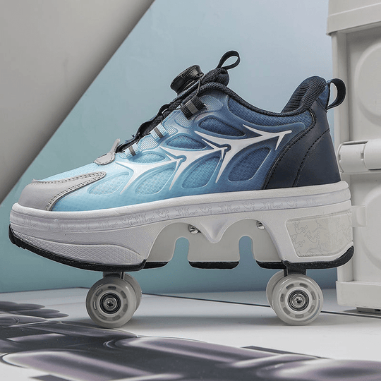 side view of retractable roller shoes highlighting pop out wheel system