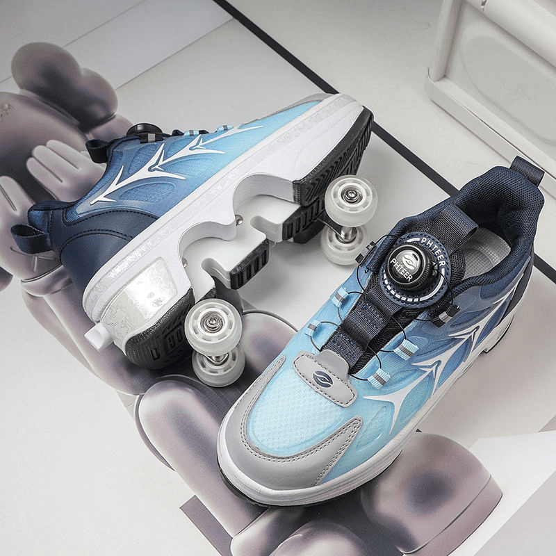 top view of Kick Speed Galaxy Twist Lock shoes with wheels for adults displayed on modern setup