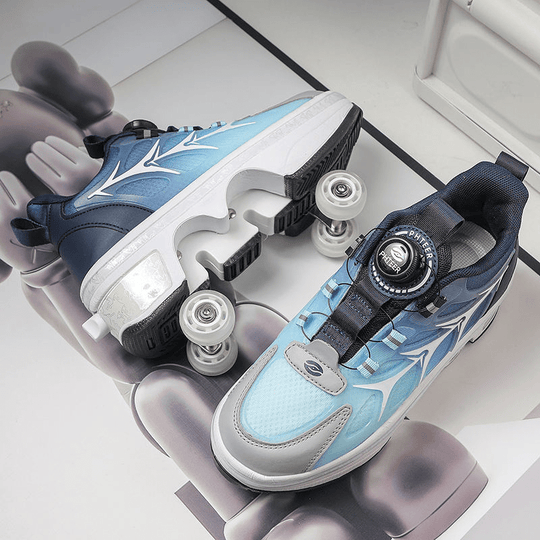 top view of Kick Speed Galaxy Twist Lock shoes with wheels for adults displayed on modern setup