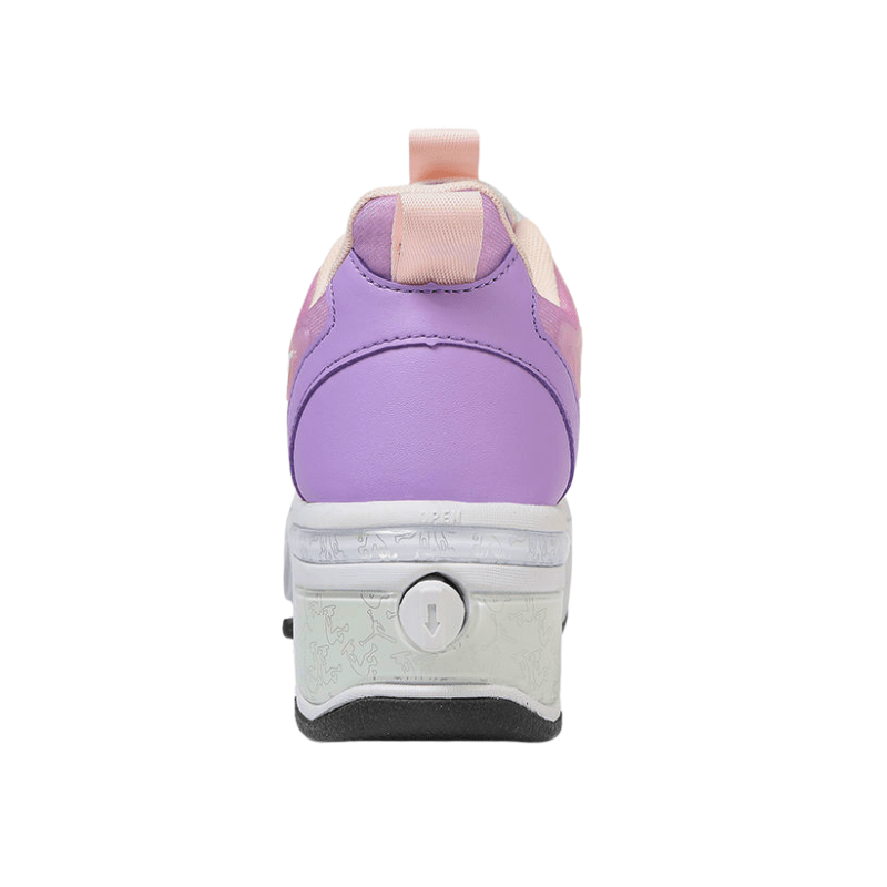 back view of pink and purple shoes with wheels for kids highlighting back wheel mechanism