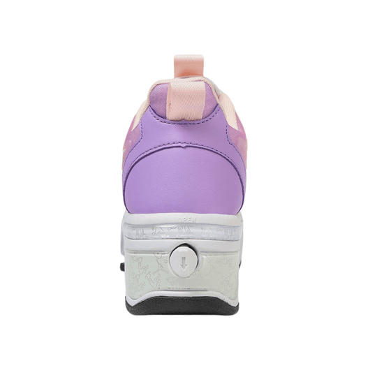 back view of pink and purple shoes with wheels for kids highlighting back wheel mechanism