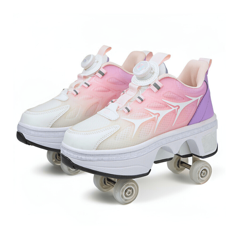 Kick Speed Galaxy roller skate shoes in pink and white for kids showing hidden wheel design