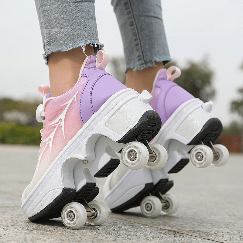 close-up of pink low-top roller shoes with Twist Lock mechanism and pop-up wheels