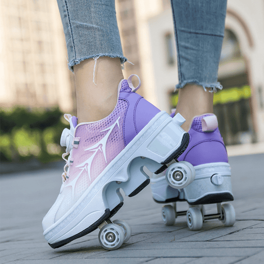 Kick Speed Galaxy roller skate shoes in pink worn outdoors by user on pavement