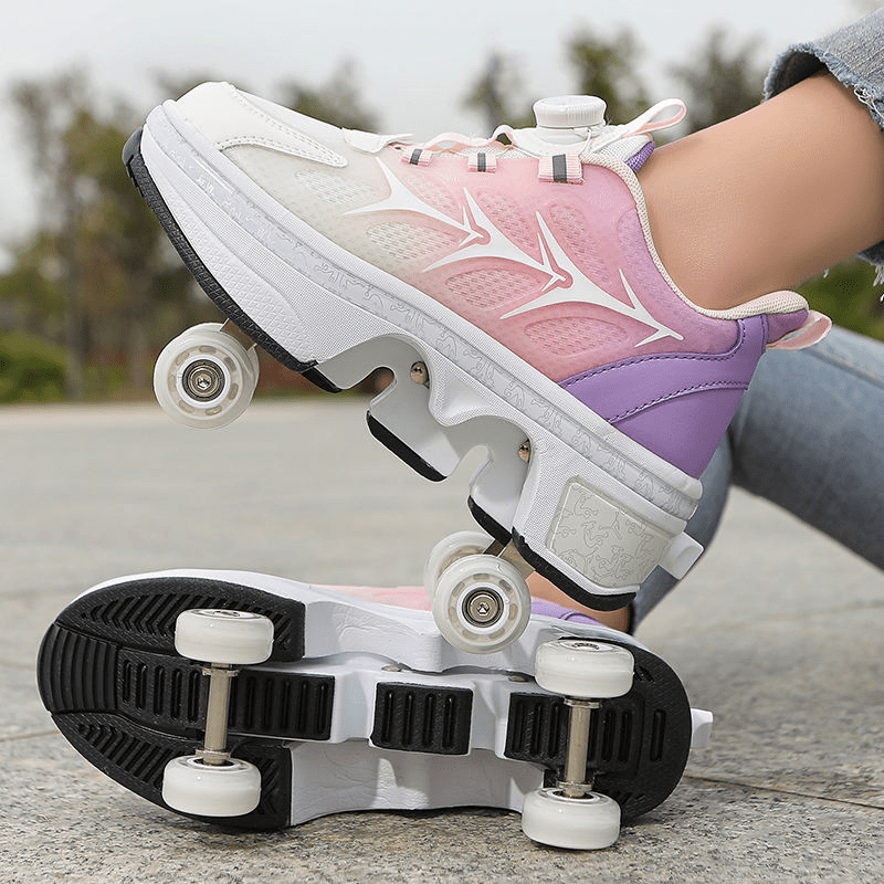 pink shoes with wheels for kids, showing four-wheel setup
