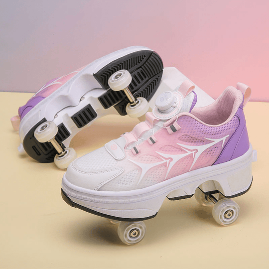 side view of retractable roller shoes in pastel pink and purple combination with four wheels