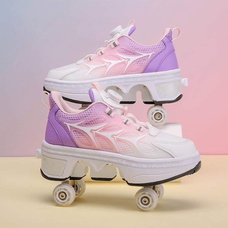 lavender and pink low-top roller skate shoes for kids with retractable wheel system
