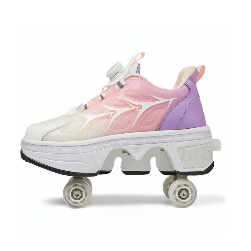 side view of Kick Speed Twist Lock LOW shoes that have wheels on them in pink and purple for everyday wear