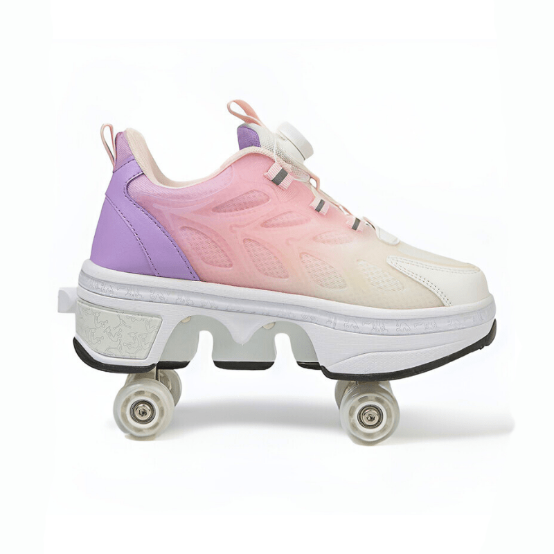 lavender pink roller skate shoes for kids and adults photographed from side angle on white background