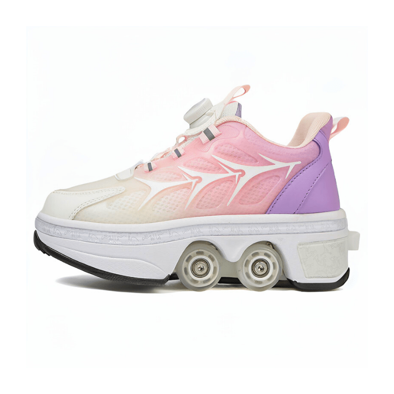 pink retractable roller shoes in pastel tones showing wheel layout and rubber outsole