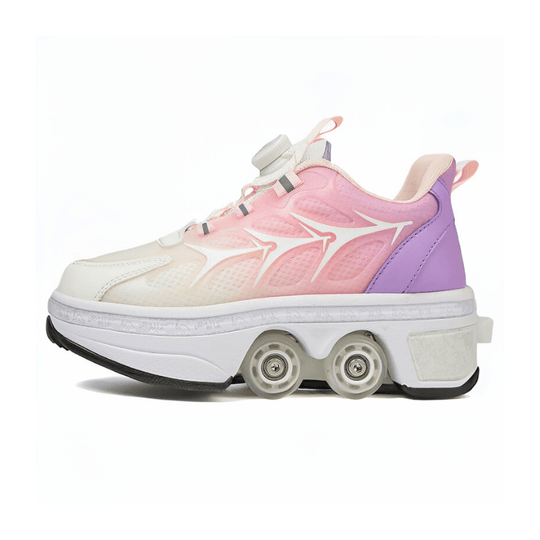 pink retractable roller shoes in pastel tones showing wheel layout and rubber outsole