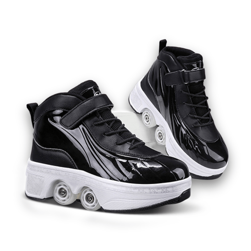 black Kick Speed Glaze MID roller skate shoes with retractable wheels side by side