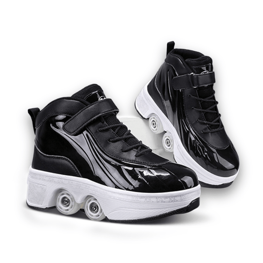 black Kick Speed Glaze MID roller skate shoes with retractable wheels side by side