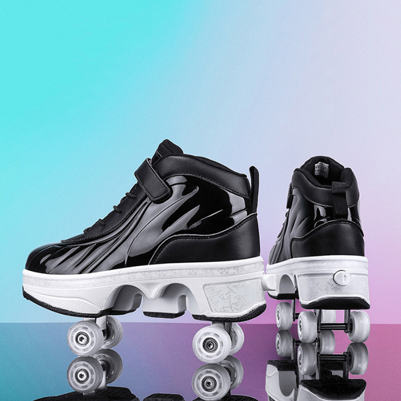 black Kick Speed Glaze MID shoes with pop-out wheels on gradient background for product showcase