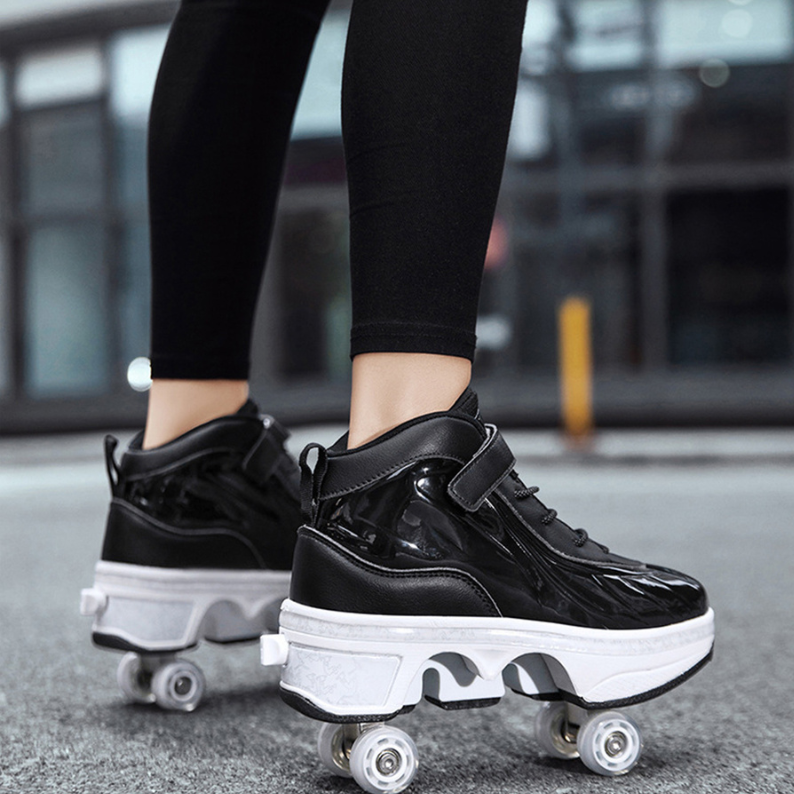 black Kick Speed Glaze MID roller skate shoes with retractable wheels worn outdoors by adult skater