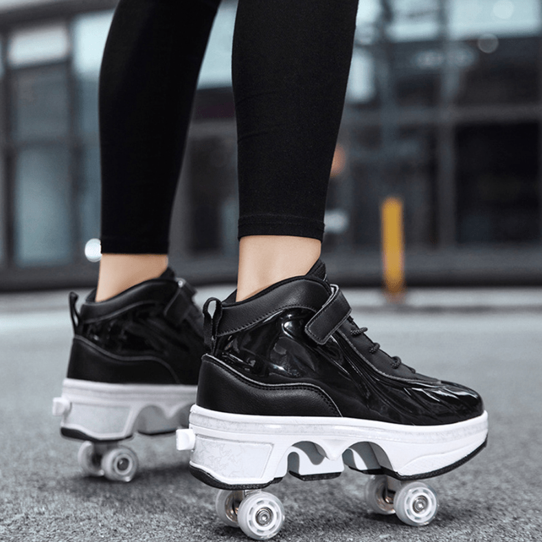 side view of black roller skate shoes with pop out wheels for kids and adults