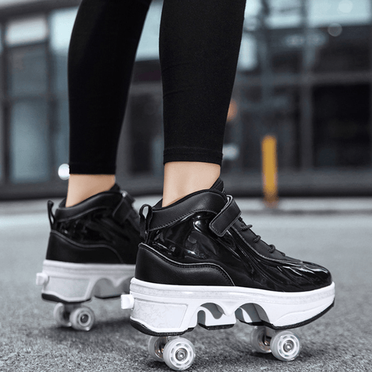 side view of black roller skate shoes with pop out wheels for kids and adults