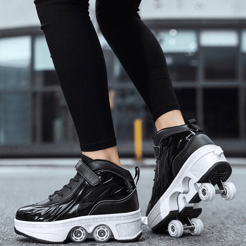 black and red roller skate shoes with wheels on the bottom for adults and kids, shown in motion during street skating