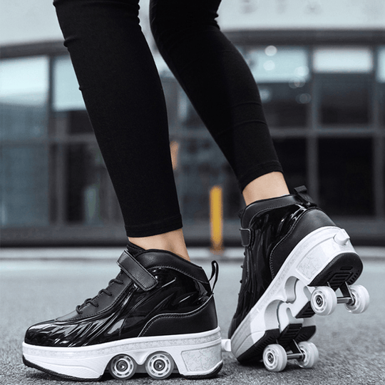 black and red roller skate shoes with wheels on the bottom for adults and kids, shown in motion during street skating