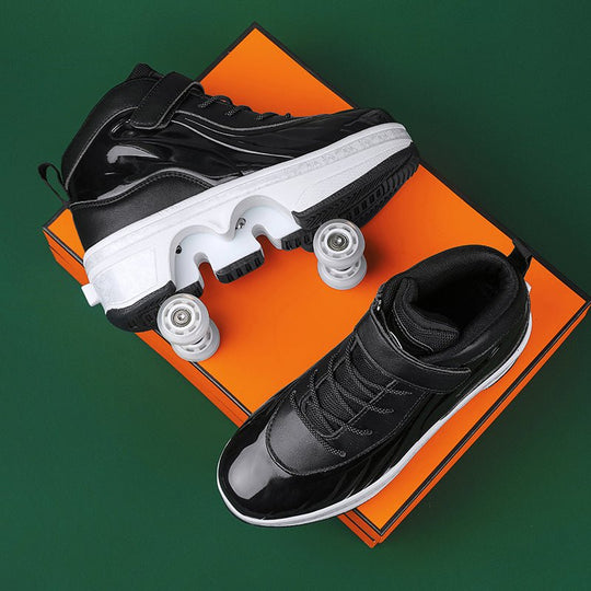 black Kick Speed shoes with pop-out wheels on display box