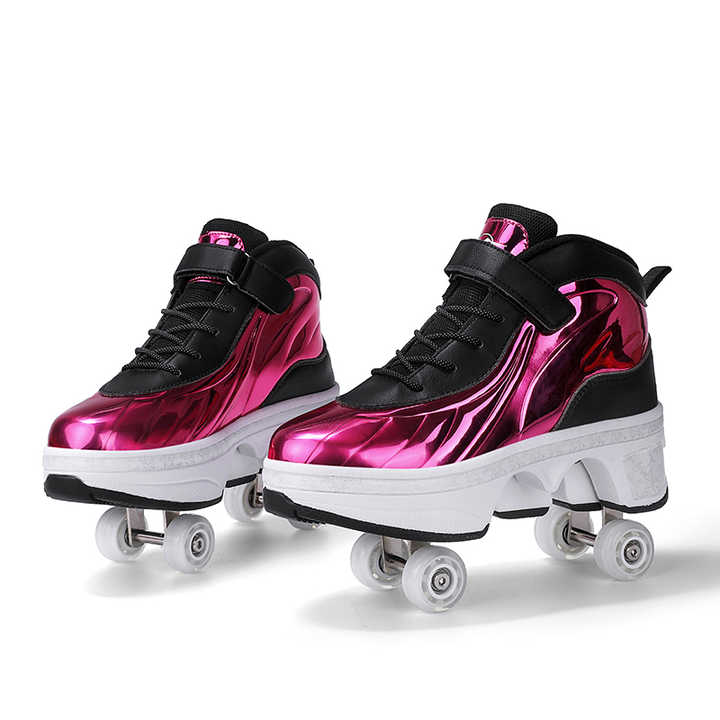 purple Kick Speed roller skate shoes with pop out wheels displayed on white background