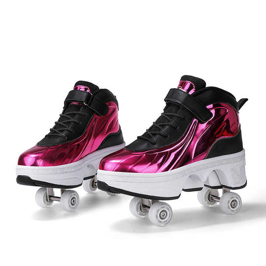 purple Kick Speed roller skate shoes with pop out wheels displayed on white background